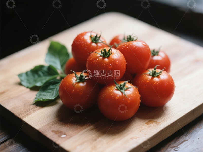 高清大图下载【趣麦麦图】新鲜番茄置于木质砧板上