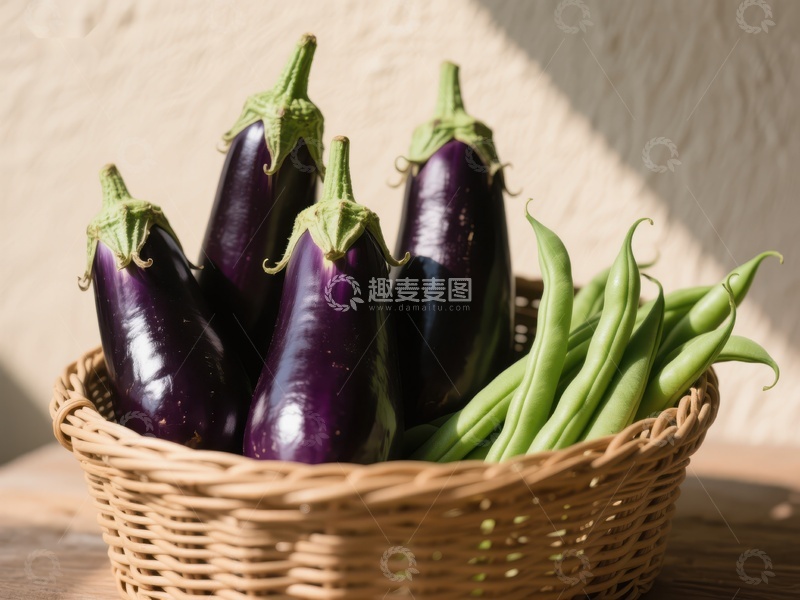 高清大图下载【趣麦麦图】篮子里的茄子和四季豆