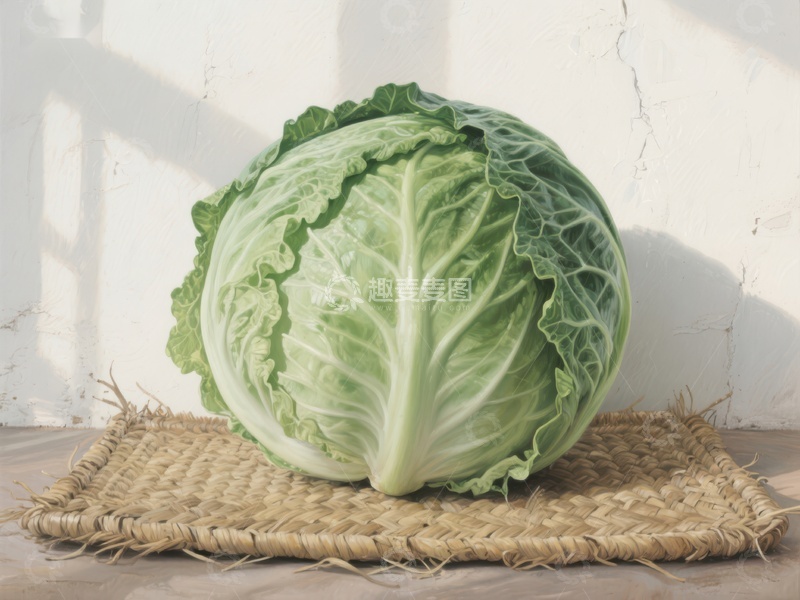 高清大图下载【趣麦麦图】新鲜卷心菜置于编织垫上