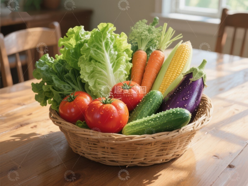 高清大图下载【趣麦麦图】新鲜蔬菜篮子置于木质餐桌