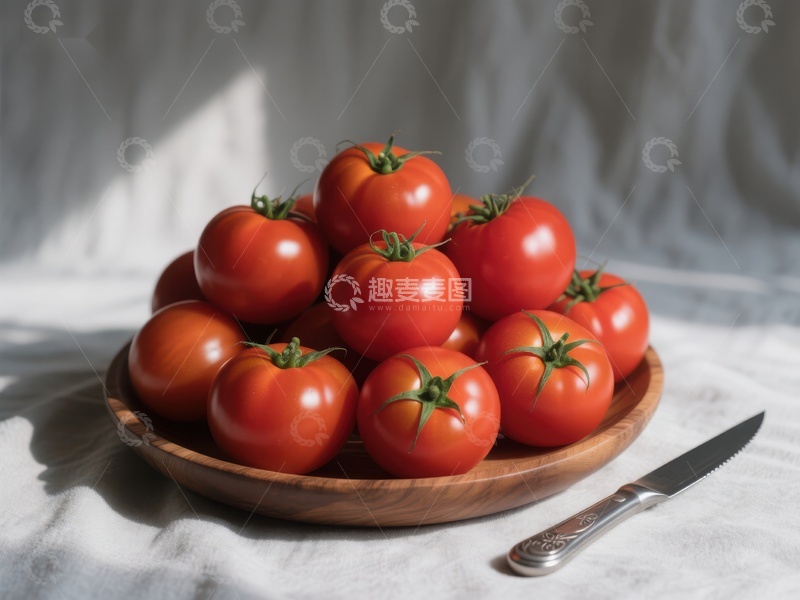 高清大图下载【趣麦麦图】新鲜番茄堆叠在木质盘中