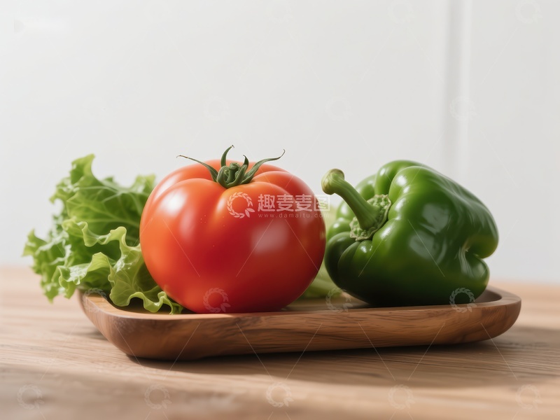 高清大图下载【趣麦麦图】新鲜蔬菜：番茄、青椒与生菜