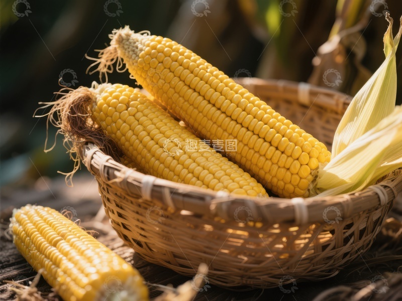 高清大图下载【趣麦麦图】新鲜玉米置于竹篮中