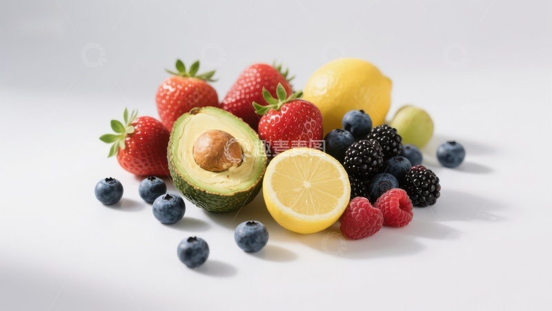 高清大图下载【趣麦麦图】新鲜水果集合：草莓、蓝莓、柠檬与牛油果