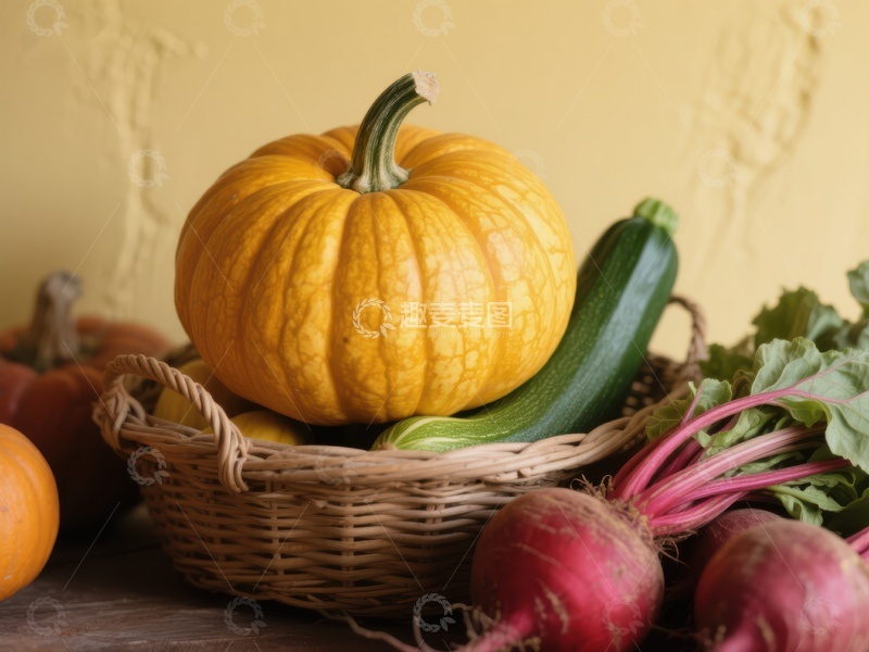 高清大图下载【趣麦麦图】秋季丰收篮中的南瓜与蔬菜
