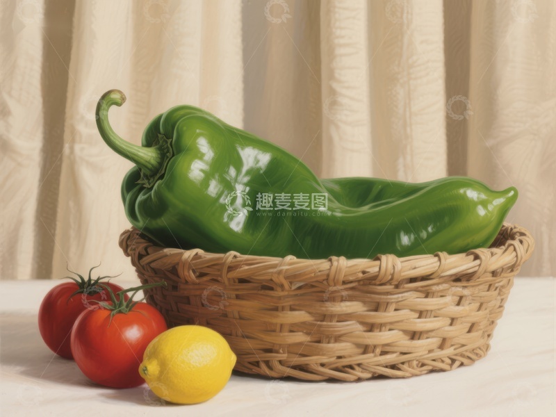 高清大图下载【趣麦麦图】篮中青椒与番茄柠檬静物