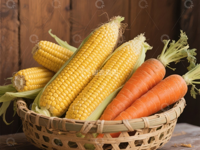 高清大图下载【趣麦麦图】玉米胡萝卜置于竹篮中