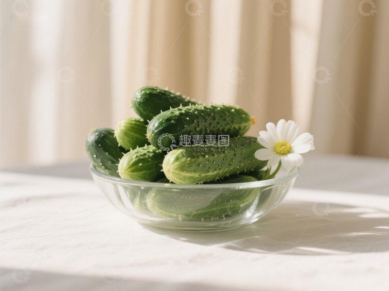 高清大图下载【趣麦麦图】碗中黄瓜与雏菊的静谧组合