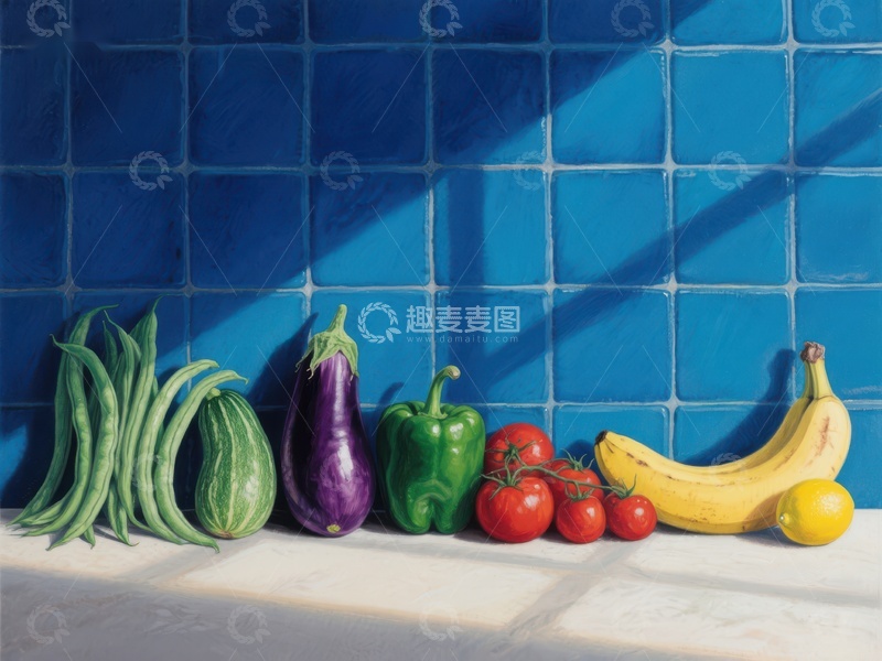 高清大图下载【趣麦麦图】蓝色瓷砖前的蔬菜水果静物