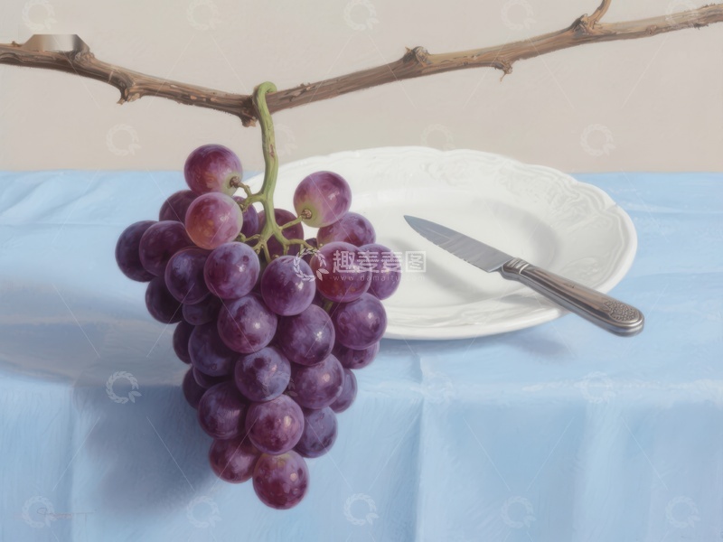 高清大图下载【趣麦麦图】葡萄与刀盘静物画