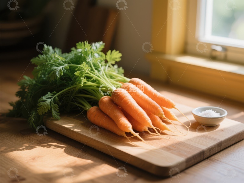 高清大图下载【趣麦麦图】新鲜胡萝卜置于木质砧板上