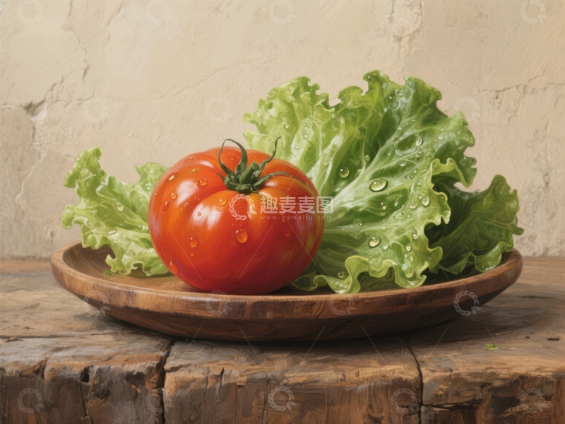 高清大图下载【趣麦麦图】新鲜番茄与生菜置于木盘