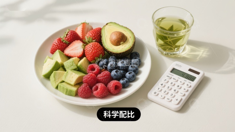 高清大图下载【趣麦麦图】健康饮食：水果拼盘与计算器