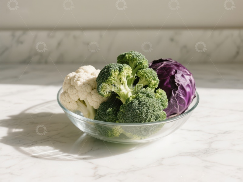 高清大图下载【趣麦麦图】玻璃碗中的西兰花、花椰菜和紫甘蓝