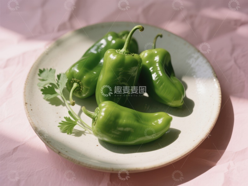 高清大图下载【趣麦麦图】青椒与香菜置于盘中