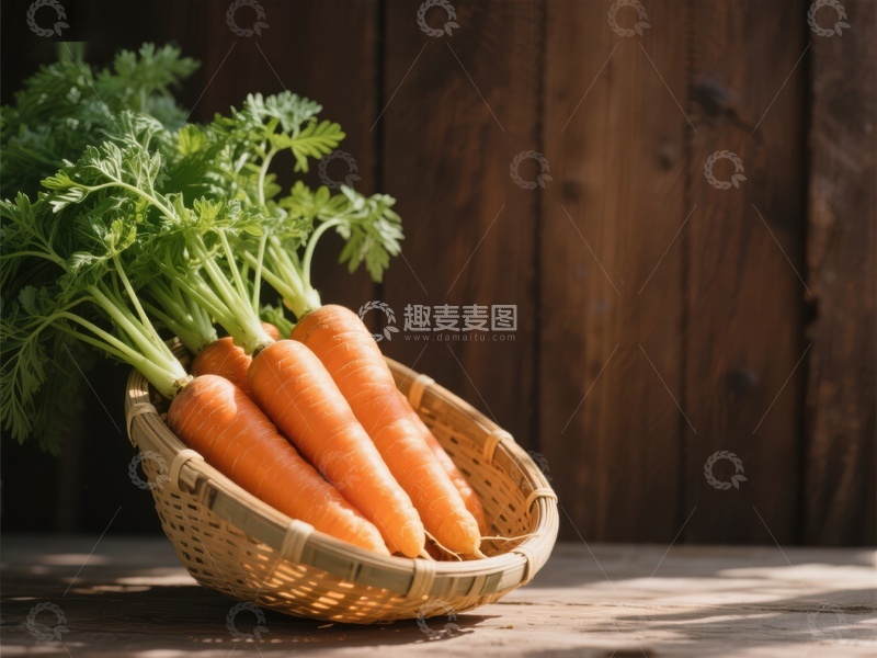 高清大图下载【趣麦麦图】新鲜胡萝卜置于竹篮中