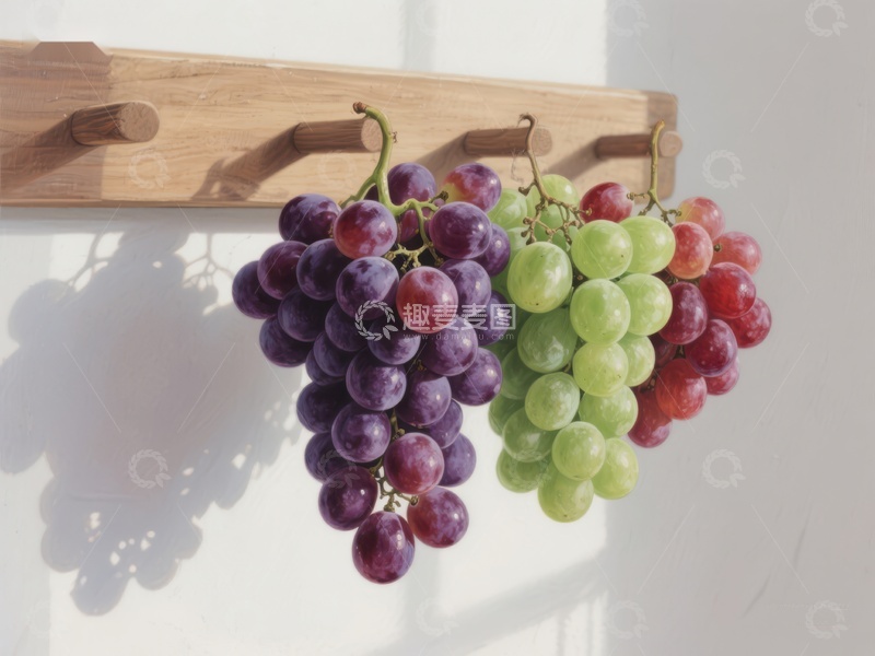 高清大图下载【趣麦麦图】三串葡萄悬挂于木质挂钩上