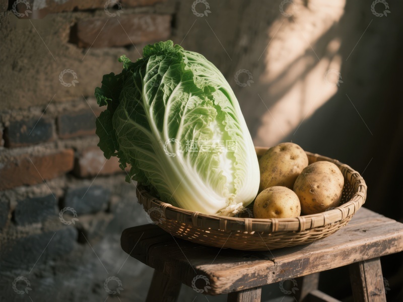高清大图下载【趣麦麦图】白菜与土豆置于竹篮中