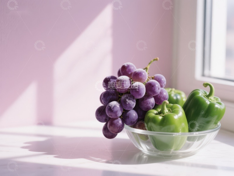 高清大图下载【趣麦麦图】葡萄与青椒置于窗边玻璃碗中