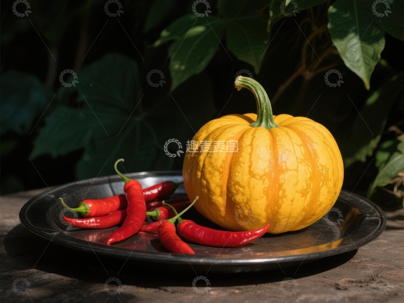 高清大图下载【趣麦麦图】南瓜与红辣椒置于盘中