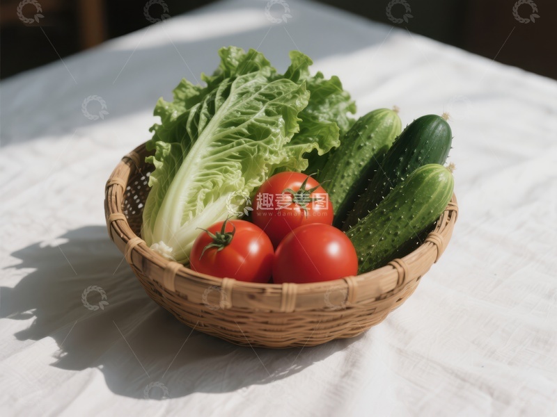 高清大图下载【趣麦麦图】篮子里的蔬菜：生菜、西红柿和黄瓜