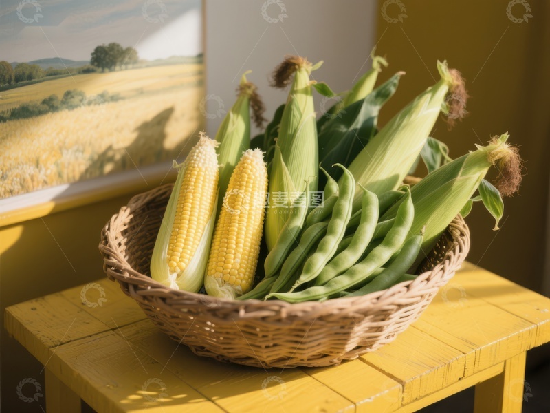 高清大图下载【趣麦麦图】篮子里的玉米和豆荚