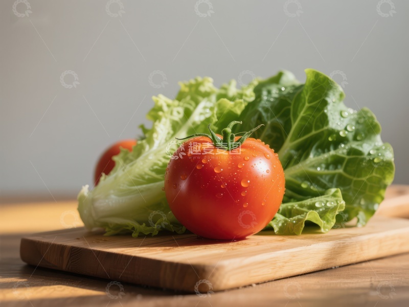 高清大图下载【趣麦麦图】新鲜番茄与生菜置于木板上