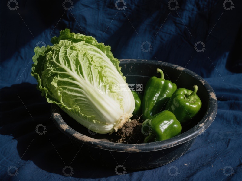 高清大图下载【趣麦麦图】白菜与青椒置于陶碗中