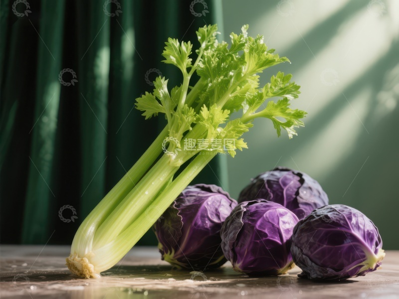 高清大图下载【趣麦麦图】新鲜芹菜与紫色卷心菜静物