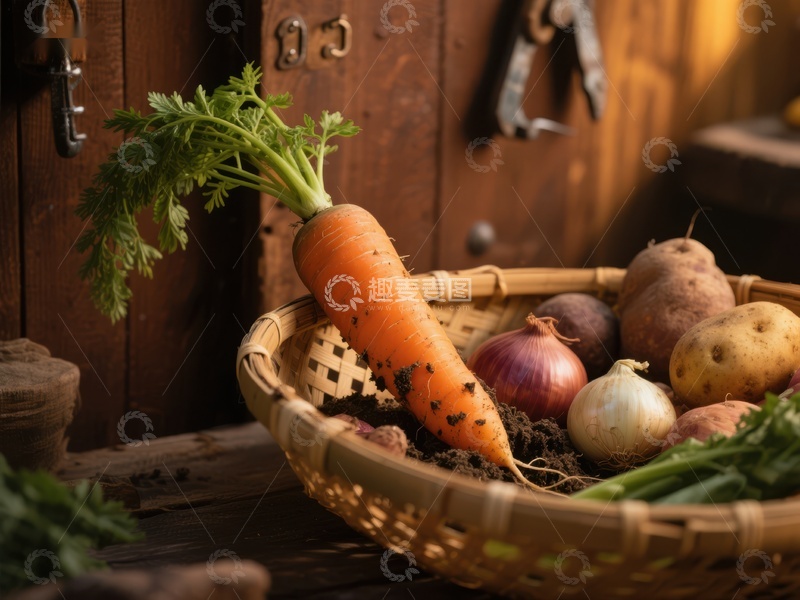 高清大图下载【趣麦麦图】篮中新鲜蔬菜，胡萝卜突出