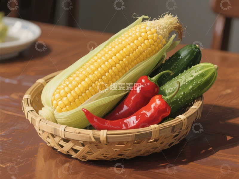 高清大图下载【趣麦麦图】新鲜蔬菜篮：玉米、黄瓜与红椒