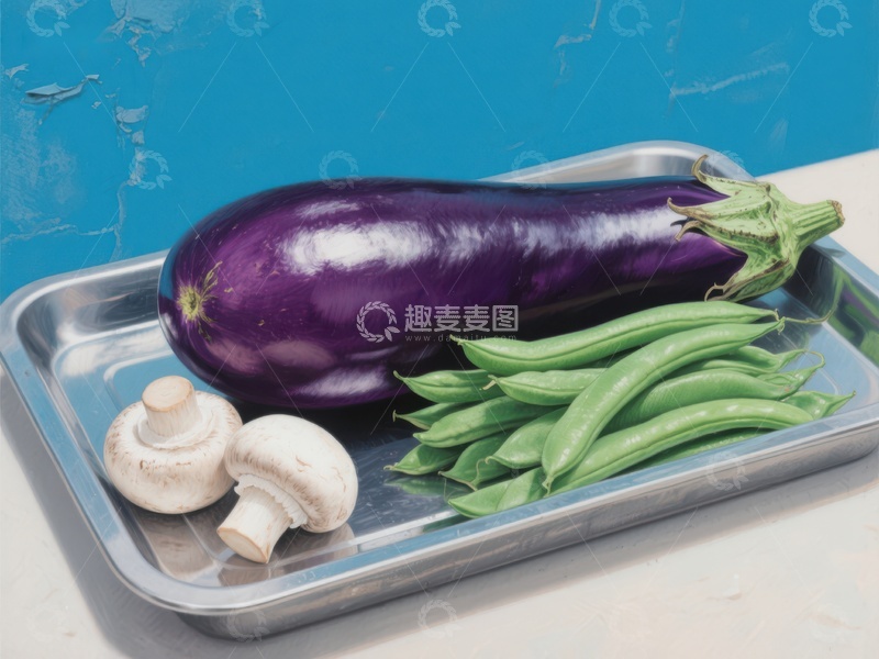 高清大图下载【趣麦麦图】托盘上的茄子、蘑菇和四季豆