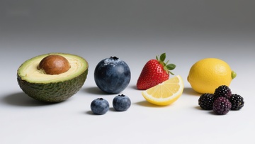 新鲜水果展示：鳄梨、蓝莓、草莓、柠檬和黑莓