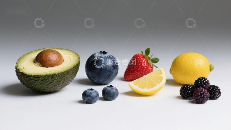 高清大图下载【趣麦麦图】新鲜水果展示：鳄梨、蓝莓、草莓、柠檬和黑莓