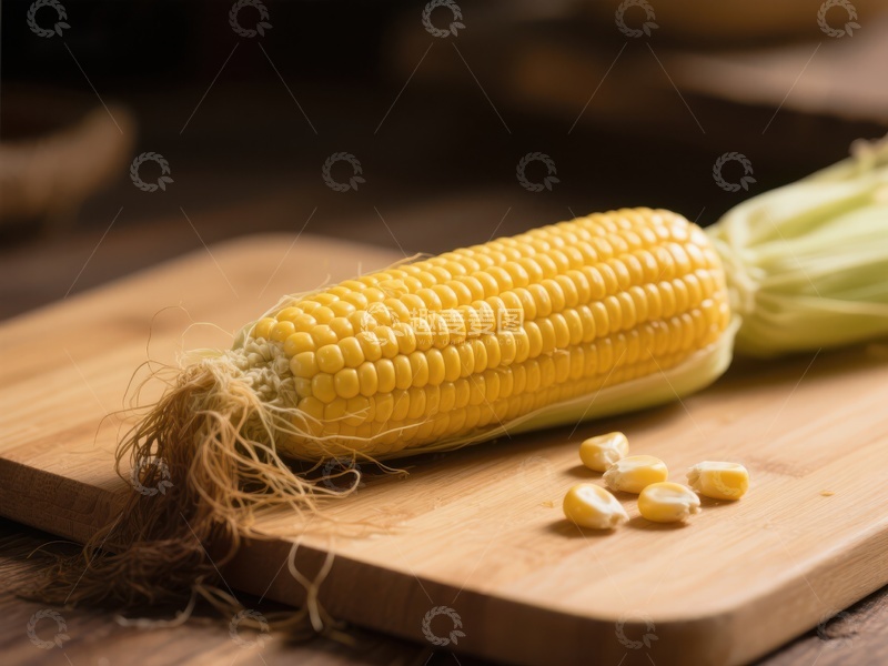 高清大图下载【趣麦麦图】新鲜玉米棒置于木质砧板上