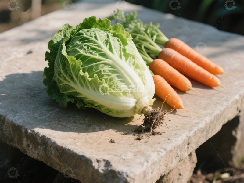 高清大图下载【趣麦麦图】新鲜蔬菜：卷心菜与胡萝卜