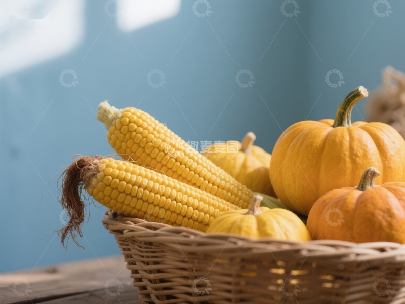 高清大图下载【趣麦麦图】篮子里的玉米和南瓜
