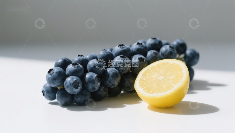 高清大图下载【趣麦麦图】蓝莓与柠檬半切的静物组合