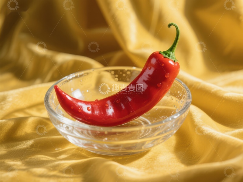 高清大图下载【趣麦麦图】红辣椒置于透明碗中，背景为金色布料