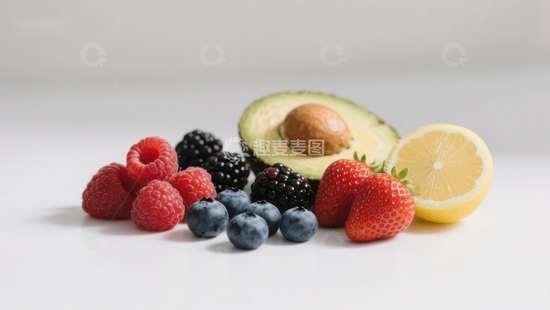 高清大图下载【趣麦麦图】新鲜水果组合：草莓、蓝莓、黑莓、柠檬与牛油果