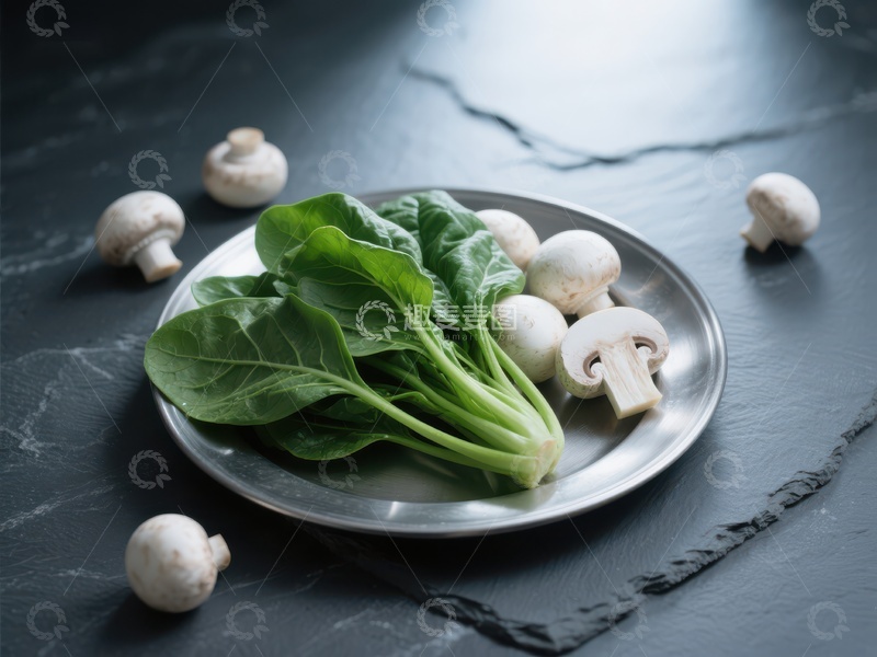 高清大图下载【趣麦麦图】新鲜菠菜与蘑菇的静物组合