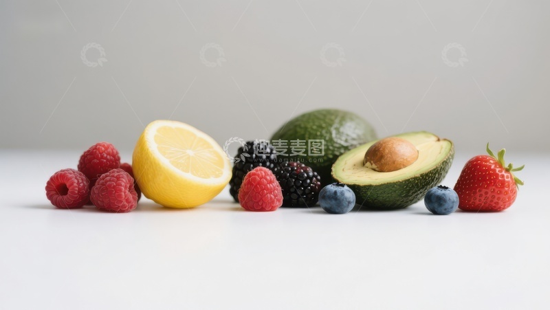 高清大图下载【趣麦麦图】新鲜水果组合：柠檬、草莓与浆果
