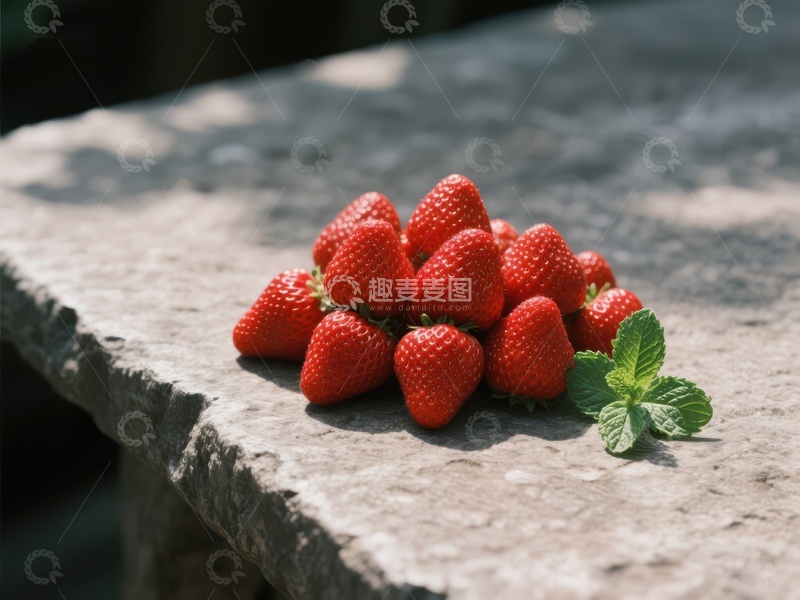高清大图下载【趣麦麦图】石桌上新鲜草莓与薄荷