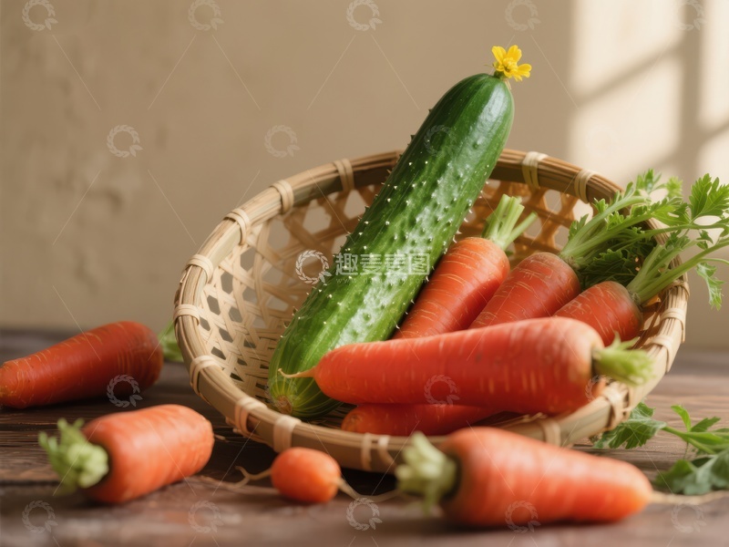 高清大图下载【趣麦麦图】新鲜蔬菜篮：黄瓜与胡萝卜
