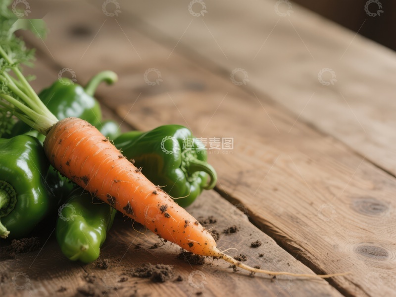 高清大图下载【趣麦麦图】新鲜胡萝卜与青椒置于木板上