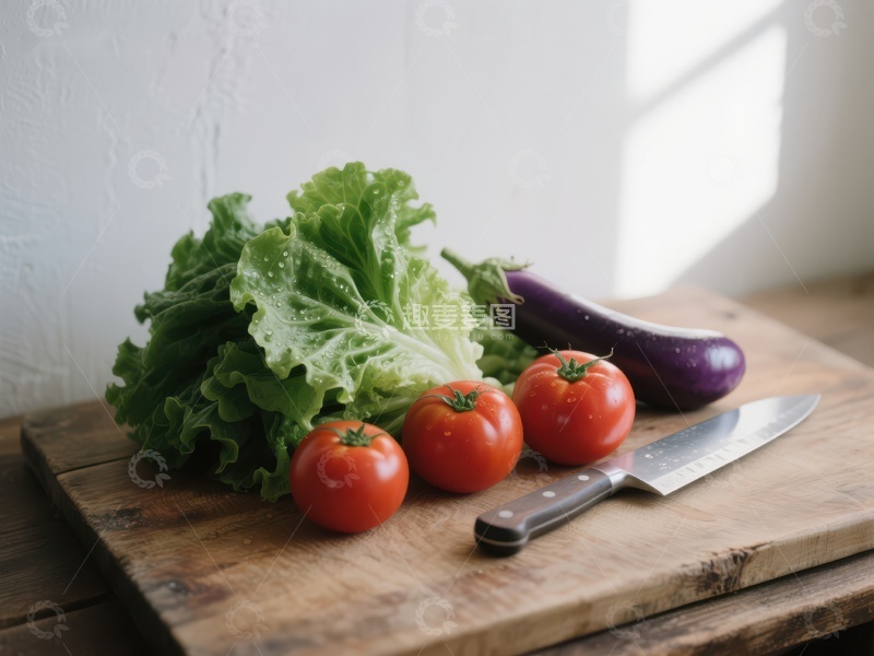 高清大图下载【趣麦麦图】新鲜蔬菜与刀具置于木制砧板上
