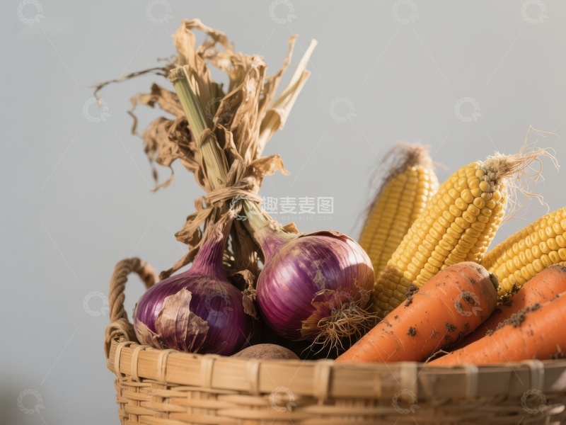 高清大图下载【趣麦麦图】篮子里的洋葱、胡萝卜和玉米