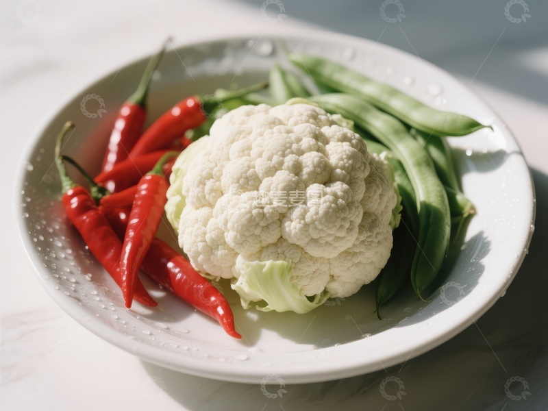 高清大图下载【趣麦麦图】新鲜蔬菜组合：花椰菜、红椒与四季豆