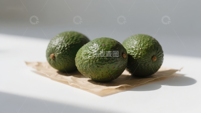 高清大图下载【趣麦麦图】三个牛油果静置于浅色背景上