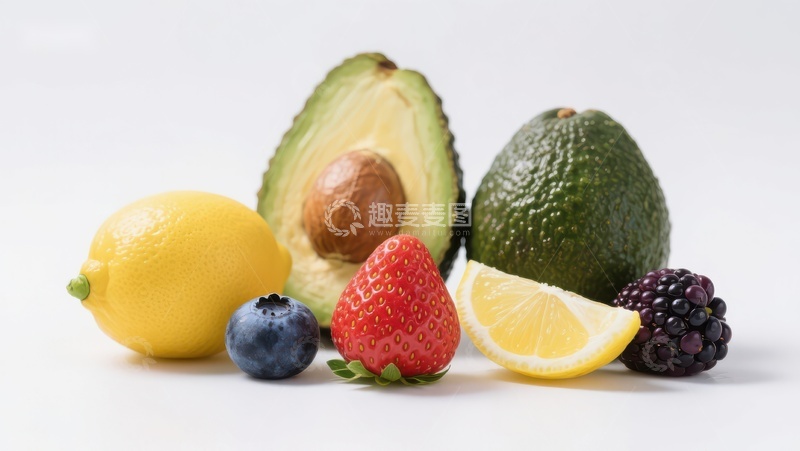 高清大图下载【趣麦麦图】新鲜水果组合：柠檬、草莓、蓝莓与牛油果